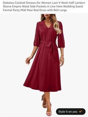 Red Lace Sleeve V-Neck A-Line Midi Dress with Belt